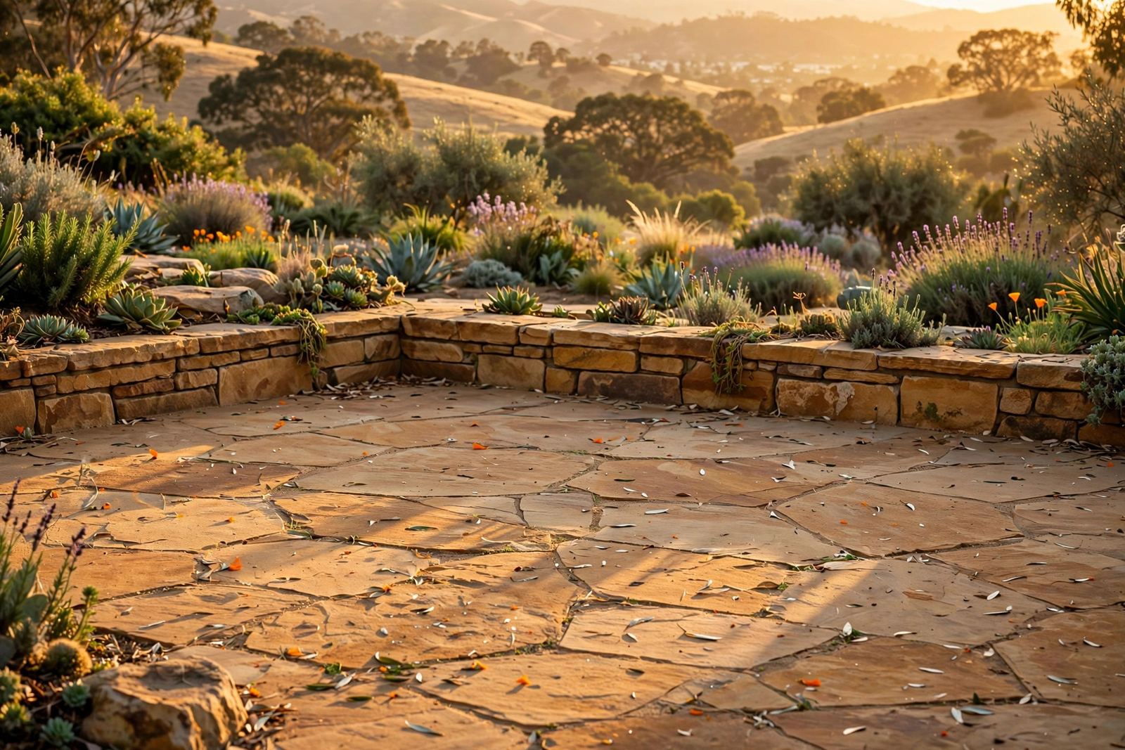 A finished sandstone patio and low stone wall at golden hour