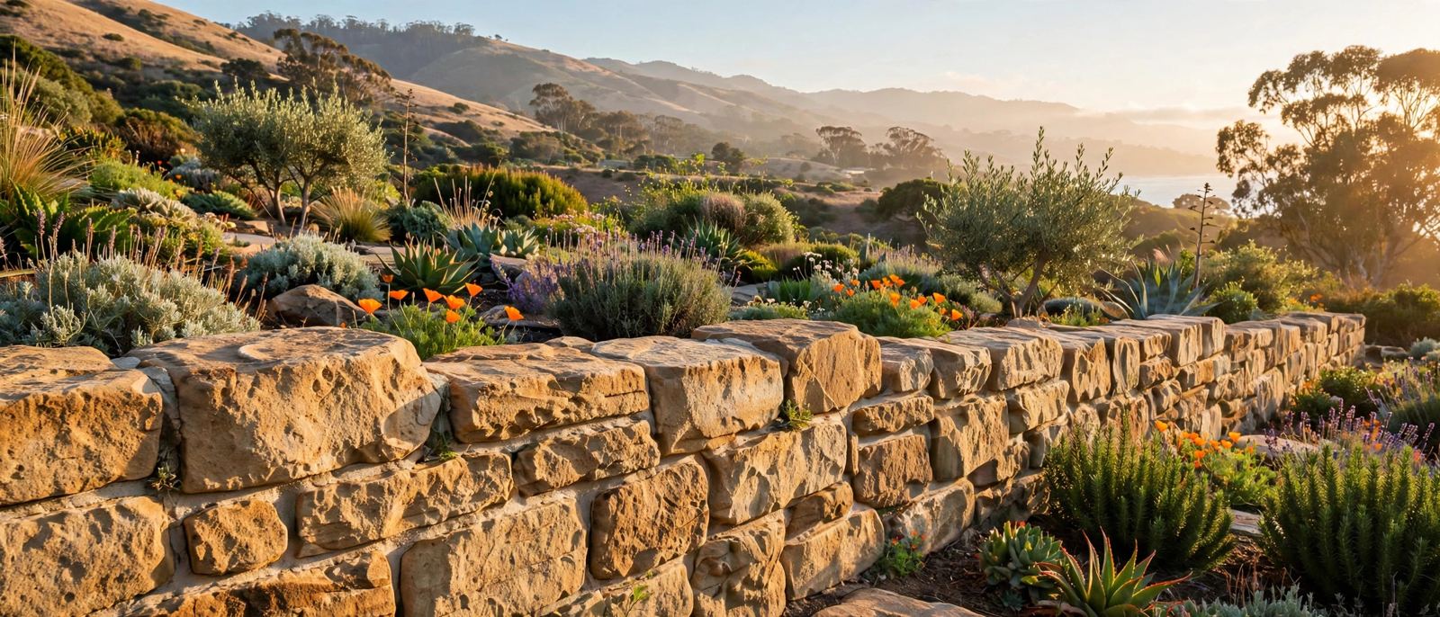A hand-laid sandstone wall in warm coastal California light